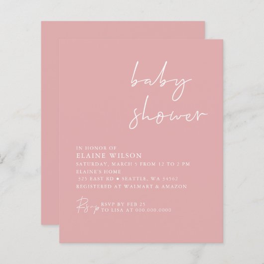 Eenvoudige roze roze, moderne uitnodiging tot Baby (Voorkant / Achterkant)