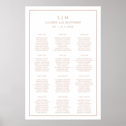 Eenvoudige Roze Roze Monogram Trouw Stoelen Chart Poster (Voorkant)