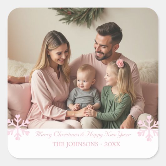 Eenvoudige Roze Sneeuwvlokken één foto Vierkante Sticker (Voorkant)