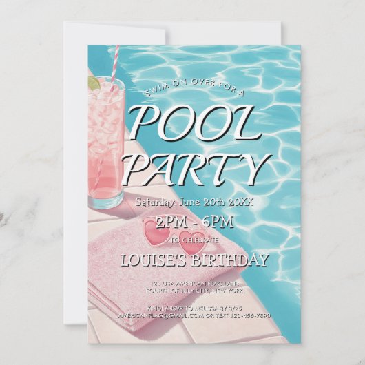 Eenvoudige roze uitnodiging voor een Pool Party (Voorkant)