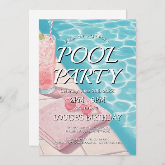 Eenvoudige roze uitnodiging voor een Pool Party (Voorkant / Achterkant)