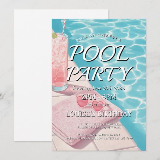 Eenvoudige roze uitnodiging voor een zwembadfeestj (Voorkant / Achterkant)