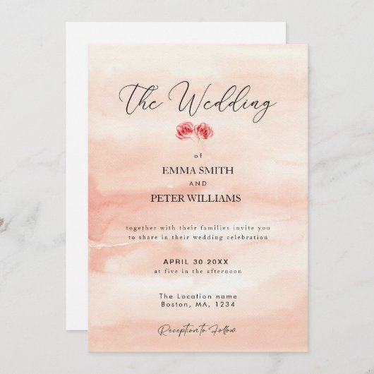 Eenvoudige roze watercorol bruiloft uitnodiging (Voorkant / Achterkant)