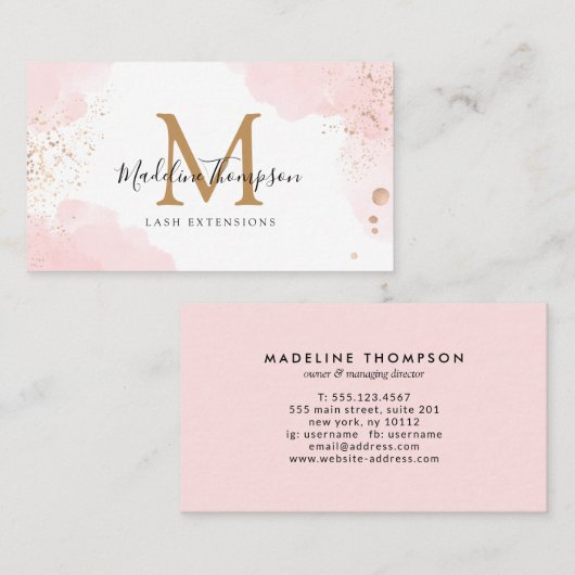 Eenvoudige roze Waterverf Gold Splash Monogram Visitekaartje (Voorkant / Achterkant)