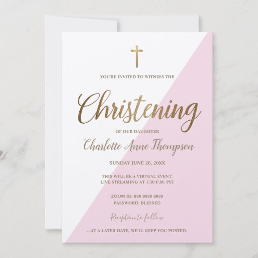 Eenvoudige roze witte gouden cross virtuele kerstm kaart (Voorkant)