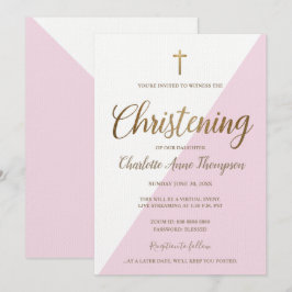 Eenvoudige roze witte gouden cross virtuele kerstm kaart