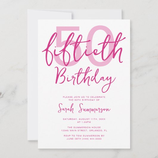 Eenvoudige Roze Witte Script 50e Verjaardagsfeestj Kaart (Voorkant)