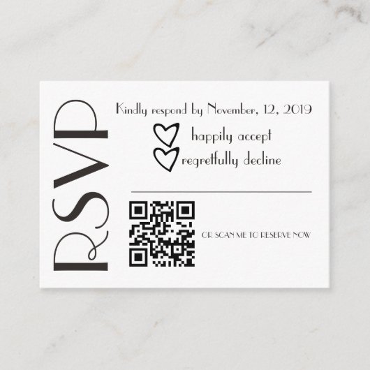 Eenvoudige RSVP Zwart Wit Hart Trouw QR Code Informatiekaartje (Voorkant)