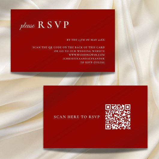 Eenvoudige Ruby Red Bone White QR Code Wedding RSV Informatiekaartje