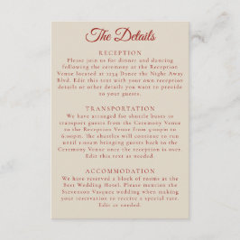 Eenvoudige Ruby Red Bone White Wedding Details Informatiekaartje