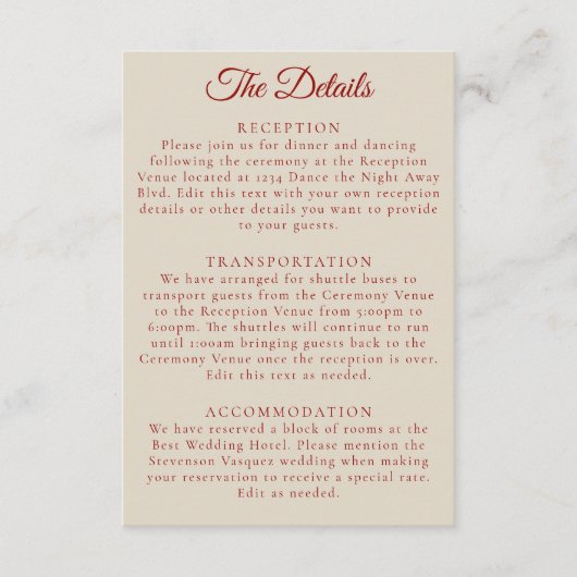 Eenvoudige Ruby Red Bone White Wedding Details Informatiekaartje (Voorkant)