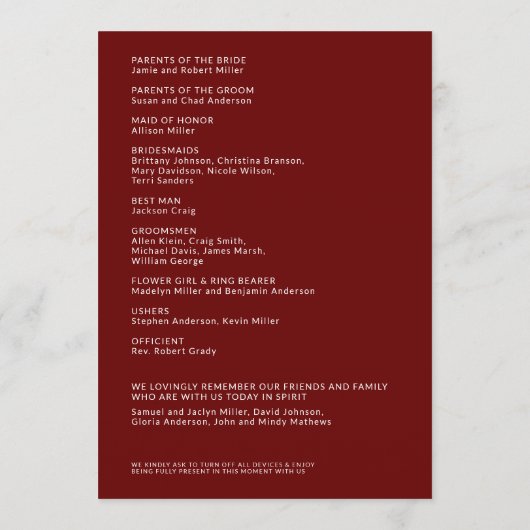 Eenvoudige Ruby Rode Geïsoleerde Namen Huwelijksce Programmakaart (Achterkant)