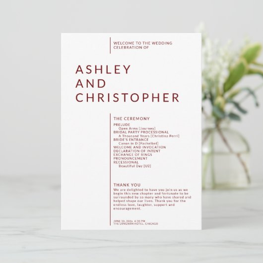 Eenvoudige Ruby Rode Geïsoleerde Namen Huwelijksce Programmakaart (Staand voorkant)