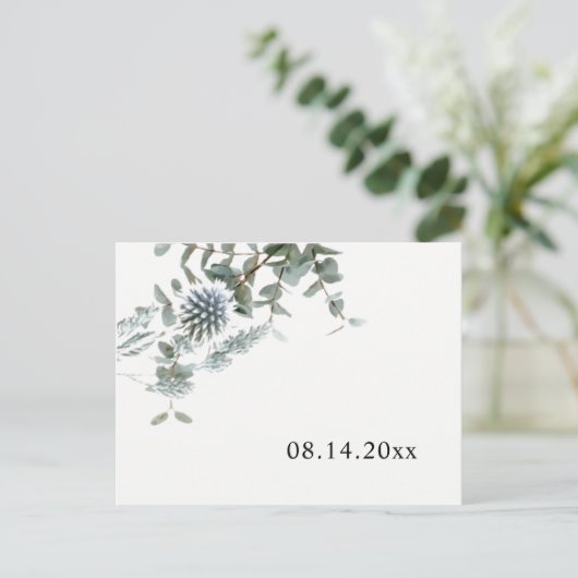 Eenvoudige Rustic Blue Thistle Save the Date Aankondigingskaart (Staand voorkant)
