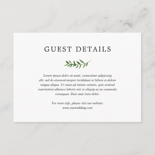 Eenvoudige Rustic Boho Greenery details bruiloft Informatiekaartje (Voorkant)