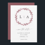 Eenvoudige Rustic Mauve Modern Greenery sparen de  Save The Date<br><div class="desc">Mooie,  eenvoudige,  rustige bruiloft,  bespaart de datum met bruinbaars en initialen. Volledig aanpasbaar met namen,  datums,  locatie en kleuren die overeenkomen met uw trouwthema.</div>