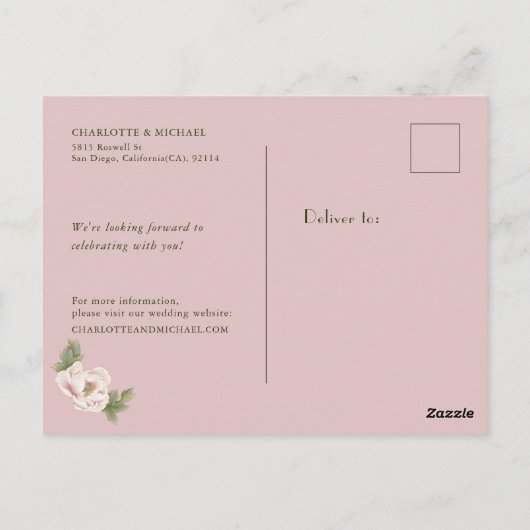 Eenvoudige Rustic Save the Date Blush Peony Weddin Briefkaart (Achterkant)