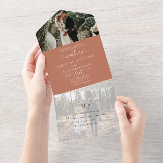 Eenvoudige Rustic Terracotta 2 Foto RSVP Wedding All In One Uitnodiging (Afscheurbaar)