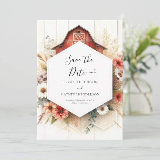 Eenvoudige rustieke Barnyard bruiloft Save The Date (Staand voorkant)