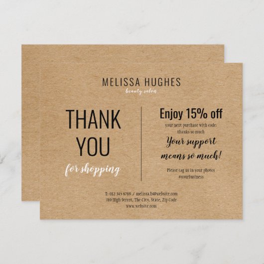 Eenvoudige Rustieke Bedankt Voor Winkelen Kortingk (Voorkant / Achterkant)