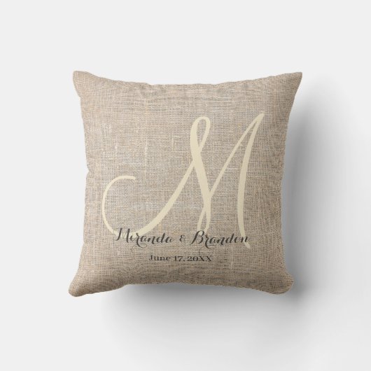 Eenvoudige rustieke Beige Burlap Monogrammed Kussen (Achterkant)