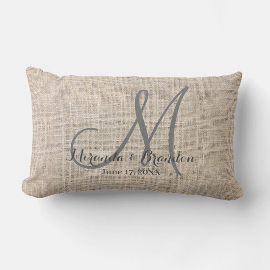 Eenvoudige rustieke beige jute monogram bruiloft kussen (Voorkant)