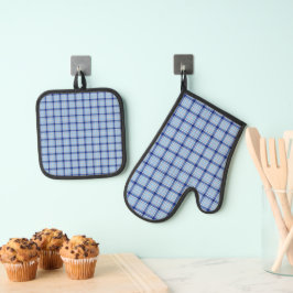 Eenvoudige Rustieke Blauwe Stijl Check Ovenwant & Pannenlap Set
