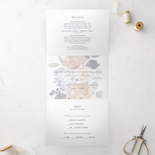 Eenvoudige rustieke bloemenbruiloft alles in één d drieluik uitnodiging (Binnen)