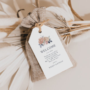 Eenvoudige rustieke bloemenbruiloft welkomstgesche cadeaulabel