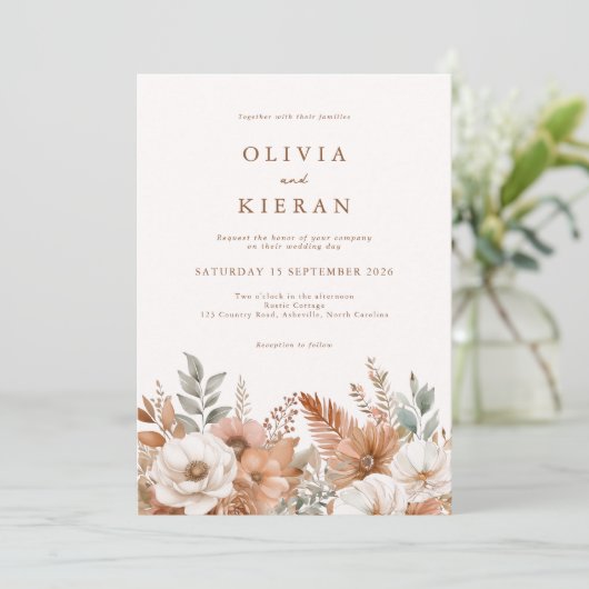 Eenvoudige rustieke Boho Floral Fall bruiloft Kaart (Staand voorkant)