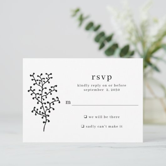 Eenvoudige rustieke botanische zwarte typografie b RSVP kaartje (Staand voorkant)
