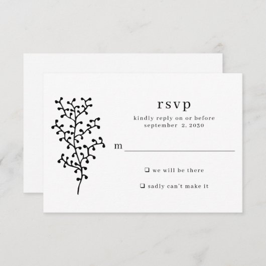 Eenvoudige Rustieke Botanische Zwarte Typografie T RSVP Kaartje (Voorkant / Achterkant)