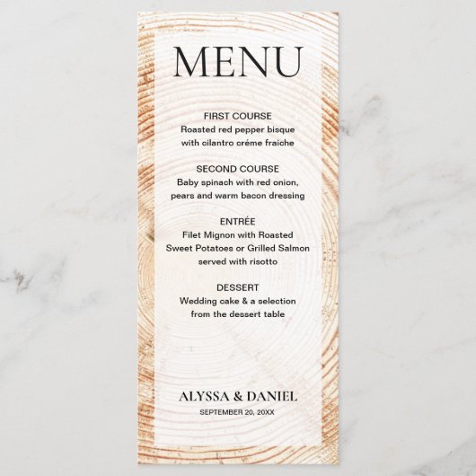 Eenvoudige rustieke bruiloft hout boomschors menu (Voorkant)