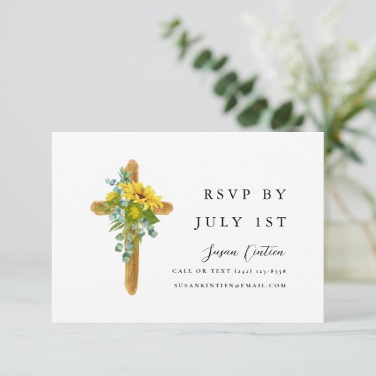 Eenvoudige Rustieke Cross Baptism RSVP-kaart RSVP Kaartje (Staand voorkant)