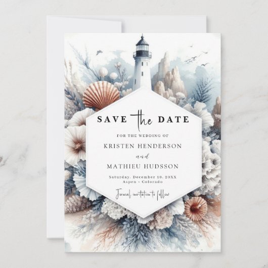 Eenvoudige rustieke elegantie vuurtoren bruiloft save the date (Voorkant)