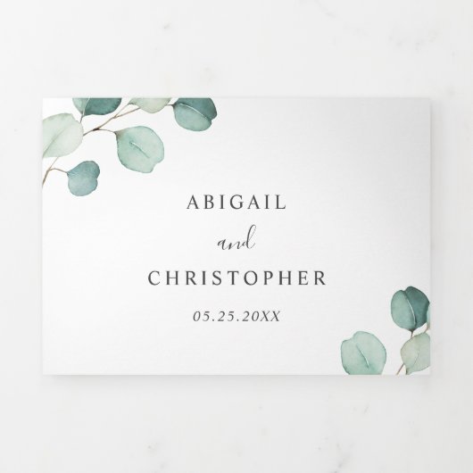 Eenvoudige rustieke eucalyptus groen elegante brui drieluik uitnodiging (Cover)