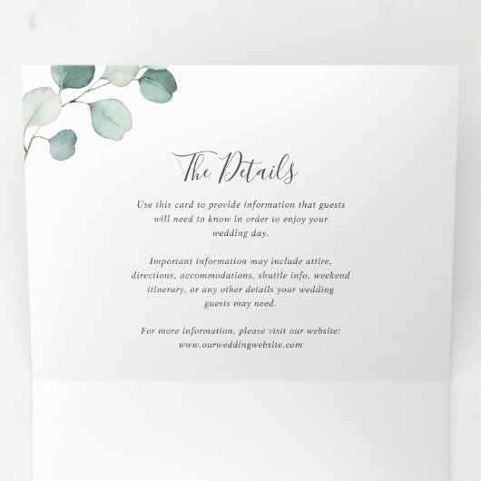 Eenvoudige rustieke eucalyptus groen elegante brui drieluik uitnodiging (Binnenzijde eerst)