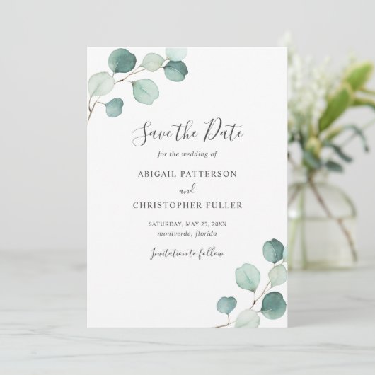 Eenvoudige rustieke eucalyptus groen elegante brui save the date (Staand voorkant)