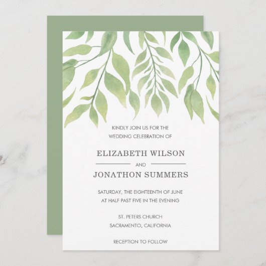 Eenvoudige rustieke groen elegante bruiloft kaart (Voorkant / Achterkant)