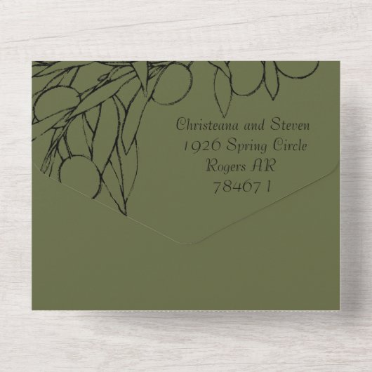 Eenvoudige rustieke groene en zwarte olijftak all in one uitnodiging (Achterkant)