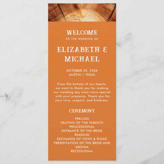 Eenvoudige rustieke hout gesneden plak bruiloft br programmakaart (Voorkant)