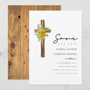 Eenvoudige rustieke houten kruis bloem groen bruil save the date