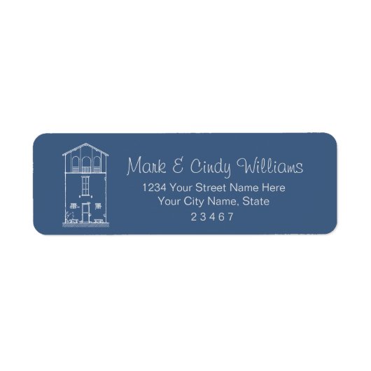 Eenvoudige rustieke huis blauwdruk blauw retouradr etiket (Voorkant)