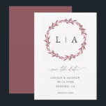 Eenvoudige Rustieke Mauve Moderne Groene Save The  Date<br><div class="desc">Mooi,  eenvoudig,  rustiek save the date met mauve-cranberry krans en initialen. Volledig aanpasbaar met namen,  data,  locatie en kleuren om uw trouwthema aan te sluiten.</div>