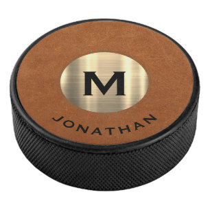 Eenvoudige Sable Gold Classic Monogram Naam Hockey Puck