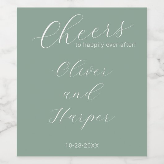 Eenvoudige Sage Elegant Script Wedding Wijn Etiket (Enkel label)