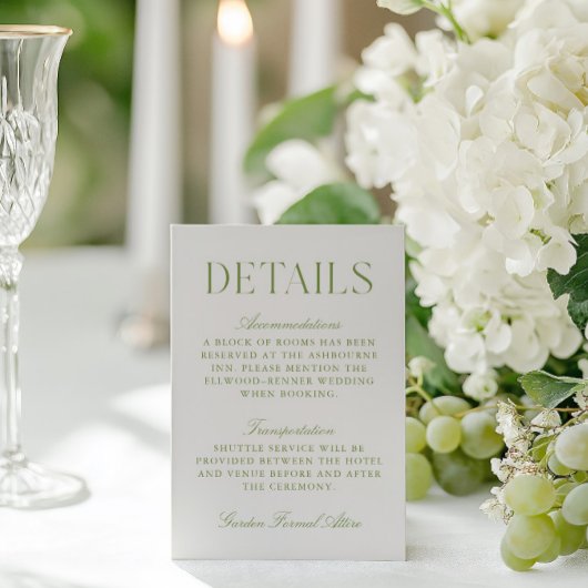 Eenvoudige Sage Green & Beige Wedding Details Informatiekaartje