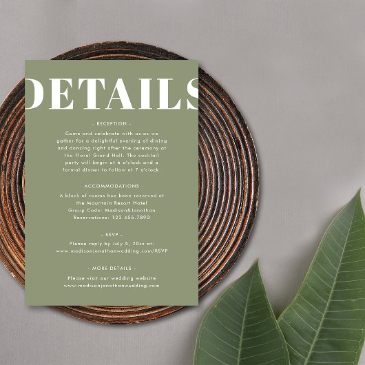 Eenvoudige Sage Green Bold Moderne bruiloft Detail Informatiekaartje
