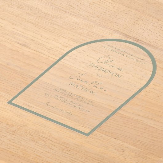 Eenvoudige Sage Green Border Script Wedding Arch Acryl Uitnodigingen (Laagn)