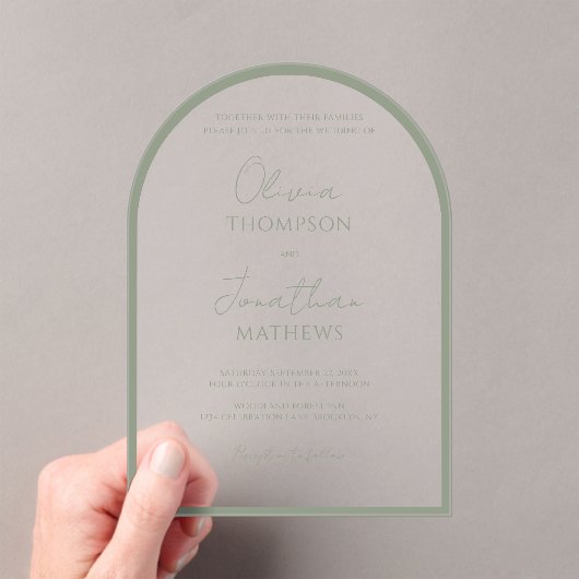 Eenvoudige Sage Green Border Script Wedding Arch Acryl Uitnodigingen (Insitu (Draagbaar))